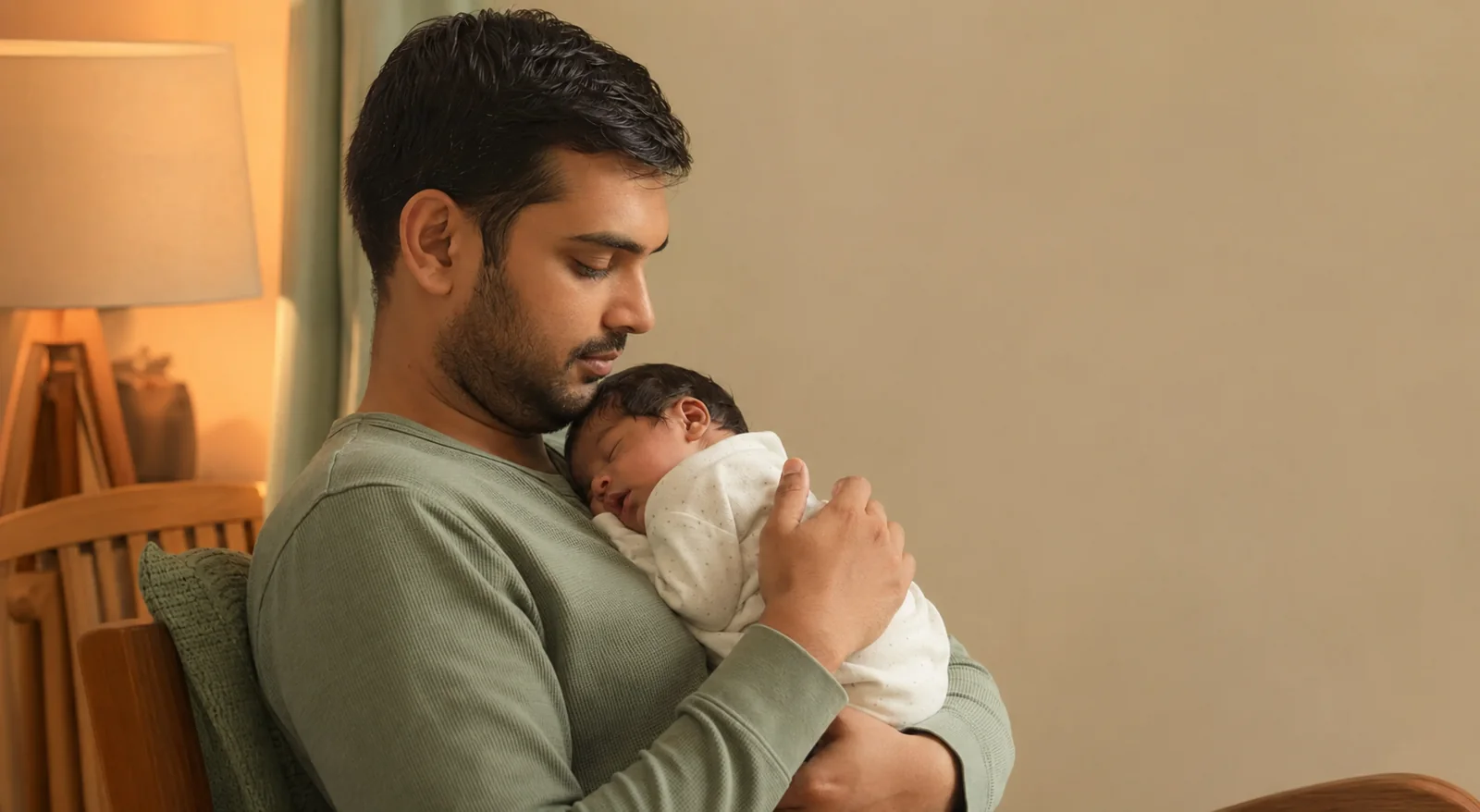 Father holding his sleeping newborn while awake